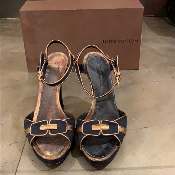 Louis Vuitton Shoes - Louis Vuitton navy satin ankle strap sandals 38.5